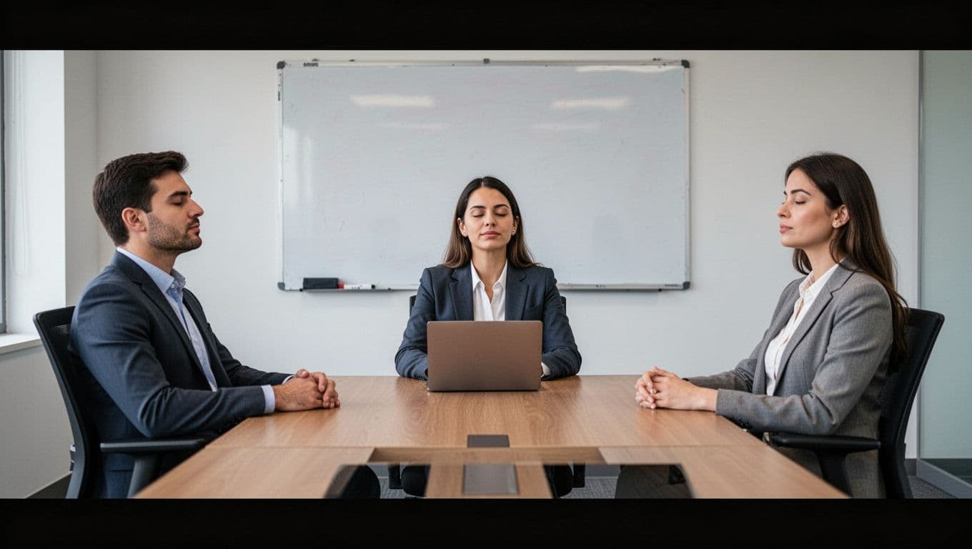A small group of three professionals in an office pauses before a meeting, breathing calmly together with relaxed postures in chairs around a table and serene expressions. The background features a whiteboard and closed laptop under neutral realistic lighting.