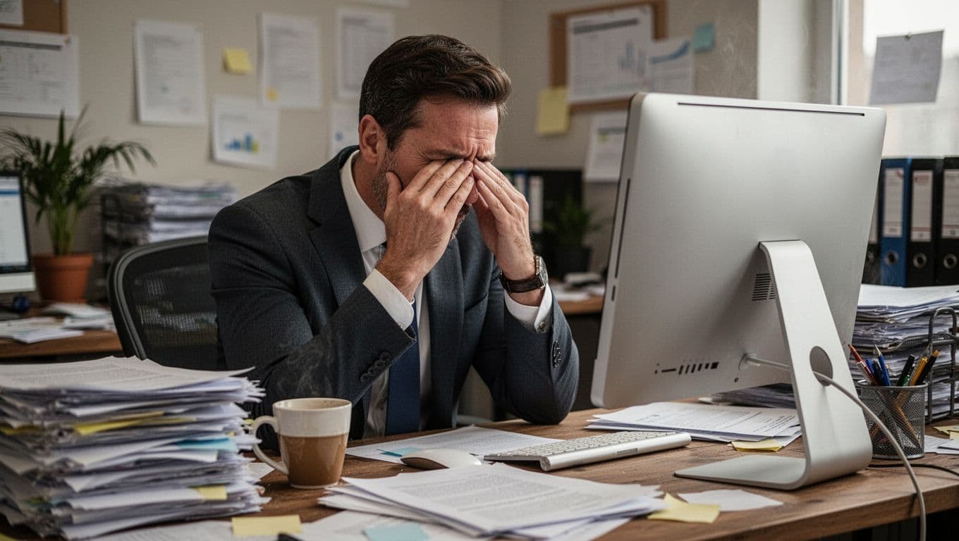 A fatigued business leader rubs his eyes at a cluttered desk with computer, empty coffee cup, and stack of papers in a messy office, showing early signs of exhaustion.