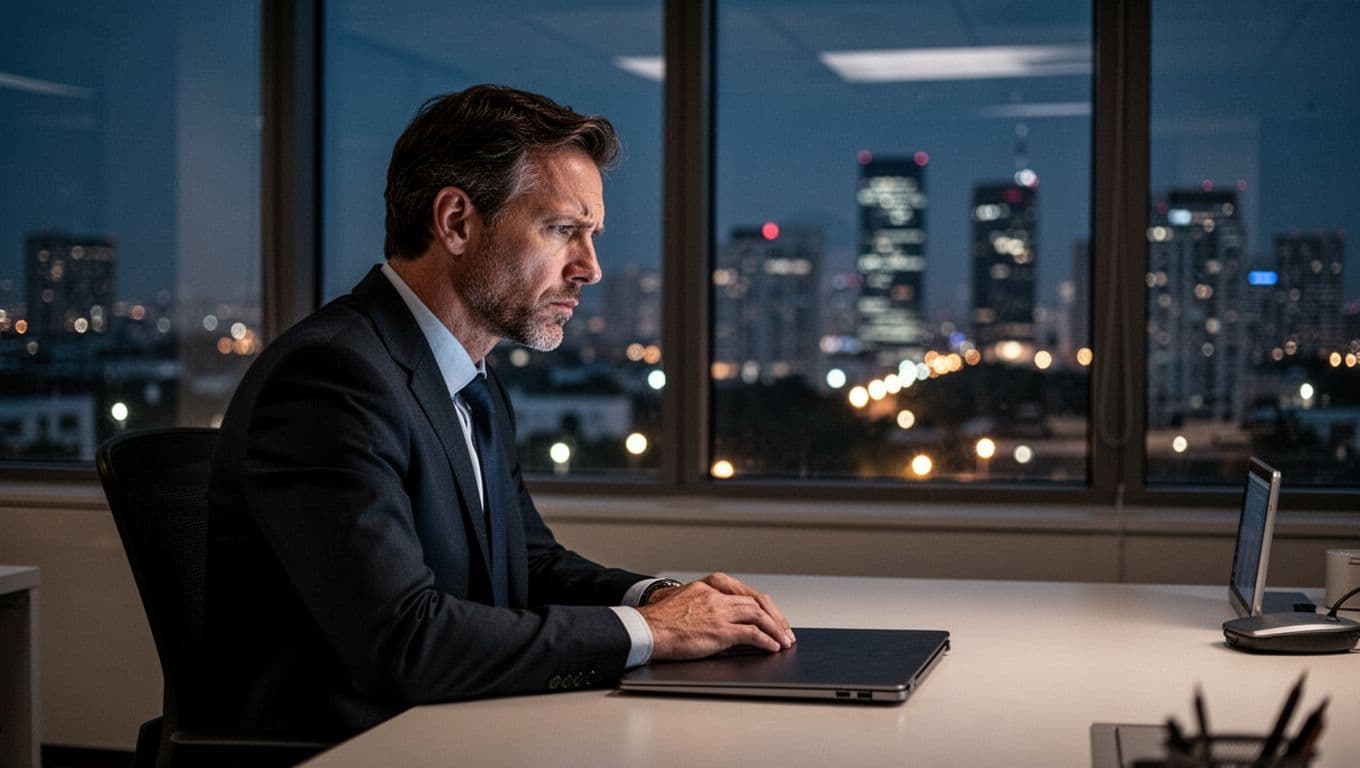 A fatigued business leader sits at a desk with a closed laptop in a modern office late at night, gazing through the window at a brightly lit city skyline, showing a stressed expression in realistic photographic style with soft dim lighting and centered profile composition.