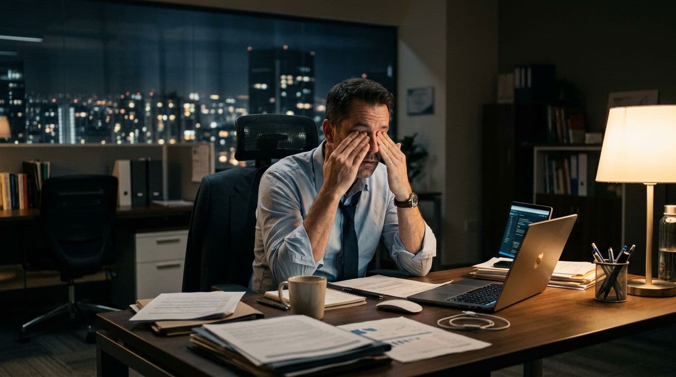 A fatigued executive sits at his desk in a modern office, surrounded by documents and a laptop, rubbing his eyes with an exhausted expression under dim desk lamp light.