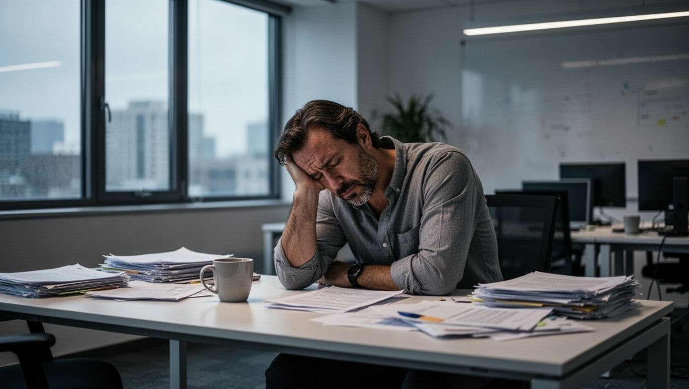 A mid-30s office worker slumped forward with head resting on hand at a cluttered desk in a modern empty office, showing a tired expression under soft dim lighting.