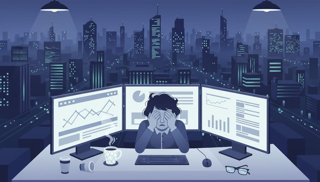 Modern illustration of a single tired office worker rubbing eyes at a computer desk with multiple screens, stressed expression, coffee mug nearby, against Mexico City skyline background with teal accent lights.