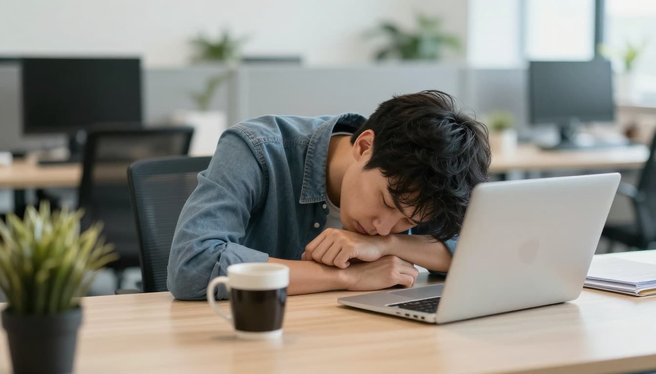 A single tired mid-30s office worker rests head on hand looking fatigued at desk with laptop and coffee mug in modern open office, soft afternoon lighting.