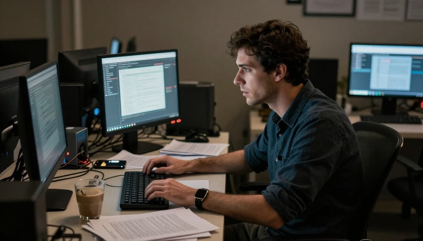 A fatigued office employee gazes at the computer screen during late hours in a modern corporate setting, surrounded by a cluttered desk with scattered papers and an empty coffee cup. Dim screen light illuminates the worker's weary face marked by dark circles, capturing the essence of burnout in a realistic photographic style.