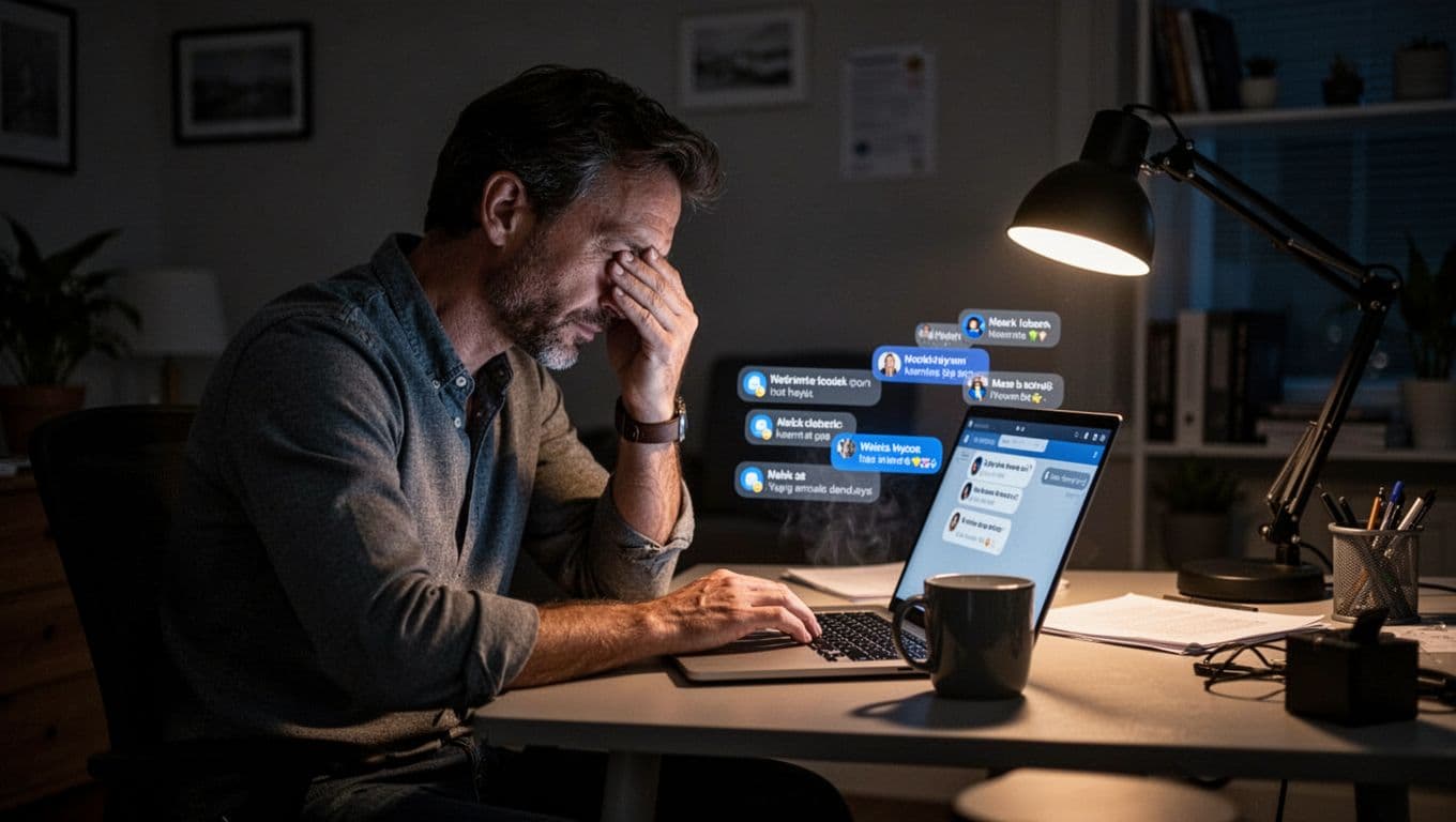 A mid-30s office worker sits tiredly at a home desk late at night, rubbing eyes with a glowing laptop full of notifications and an empty coffee mug in dim lighting.