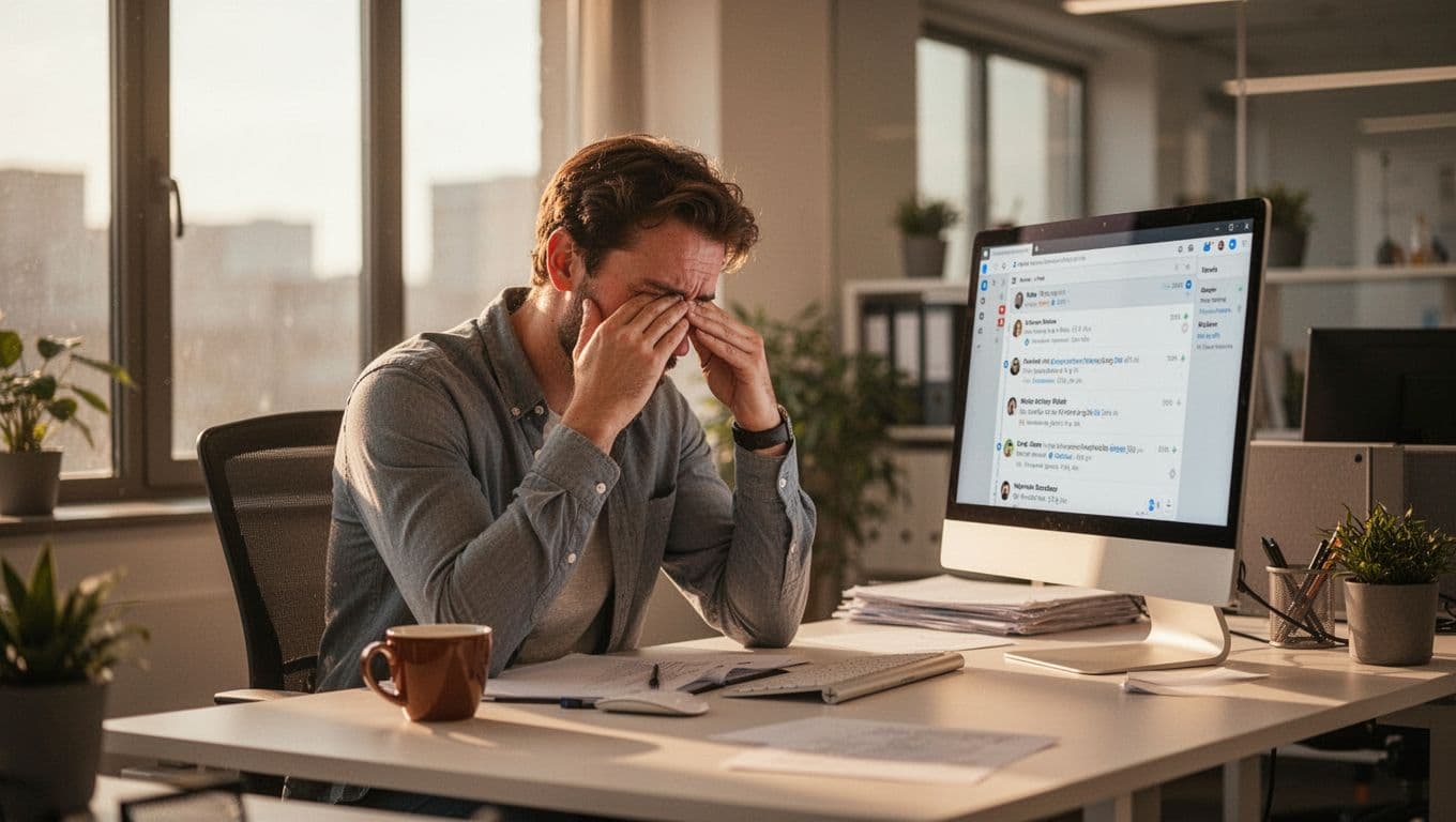 A single office worker at a modern office desk during mid-afternoon, rubbing their eyes with a tired expression, coffee cup nearby, and computer screen displaying emails under soft natural window light.