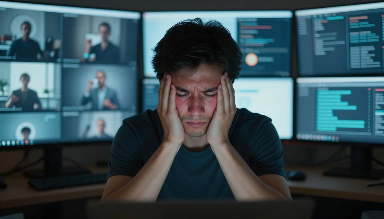 A solitary office worker sits at a desk with multiple screens, eyes red and tired from digital strain, rubbing their temple in mental exhaustion under dim blue screen light.