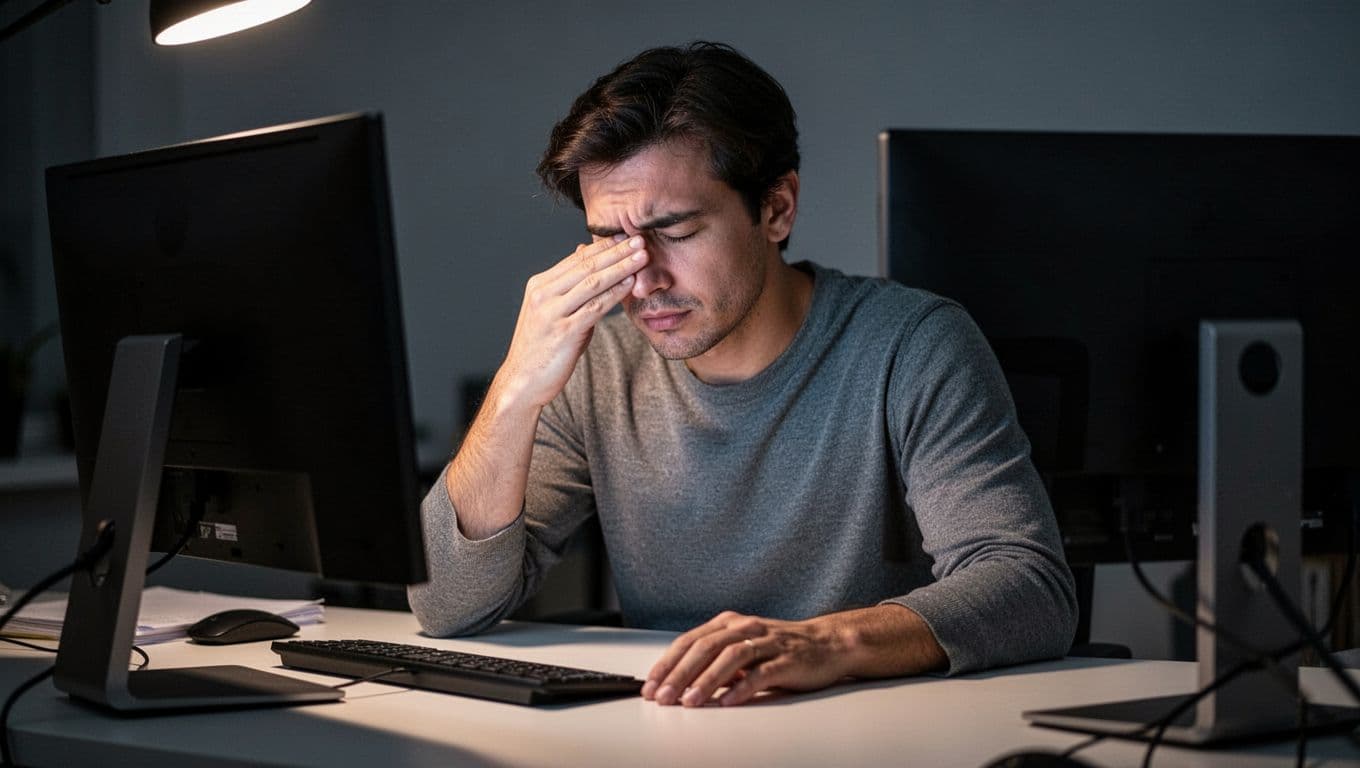 A realistic depiction of a single person seated at a desk with a computer, rubbing their fatigued eyes under dim office lighting, illustrating physical signs of digital fatigue from screen time.