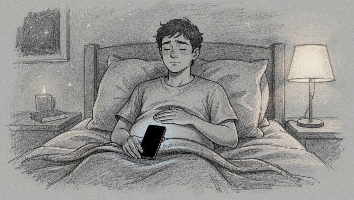 Hand-drawn graphite sketch of one tired young adult sitting up in a cozy bedroom at night, holding phone loosely in lap with screen off, hand on belly in relaxed breathing pose, calm expression, soft lamp light on rumpled pillows and blanket, monochromatic grays on light gray paper.
