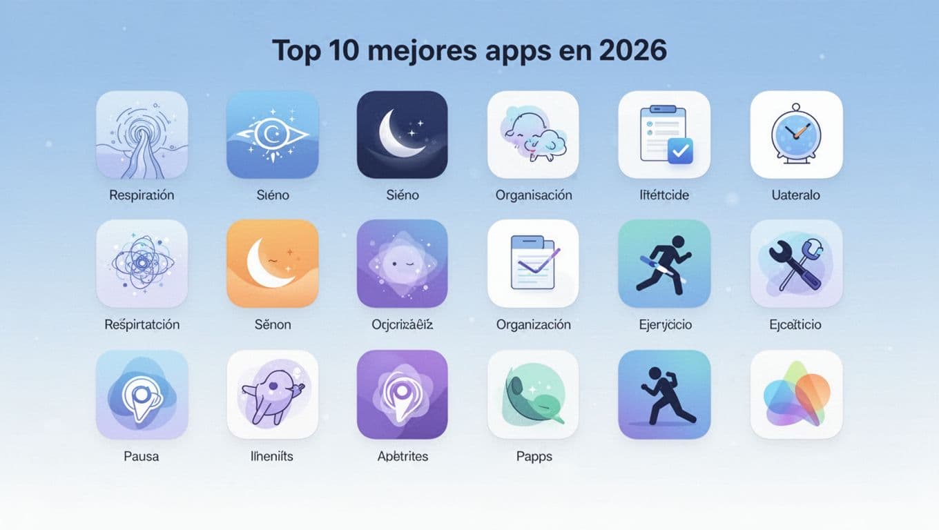 Minimalist illustration of exactly 10 simple mobile app icons in an orderly grid, representing wellness categories like breathing, sleep, organization, and exercise, on a light blue to white gradient background with geometric shapes and pastel colors.