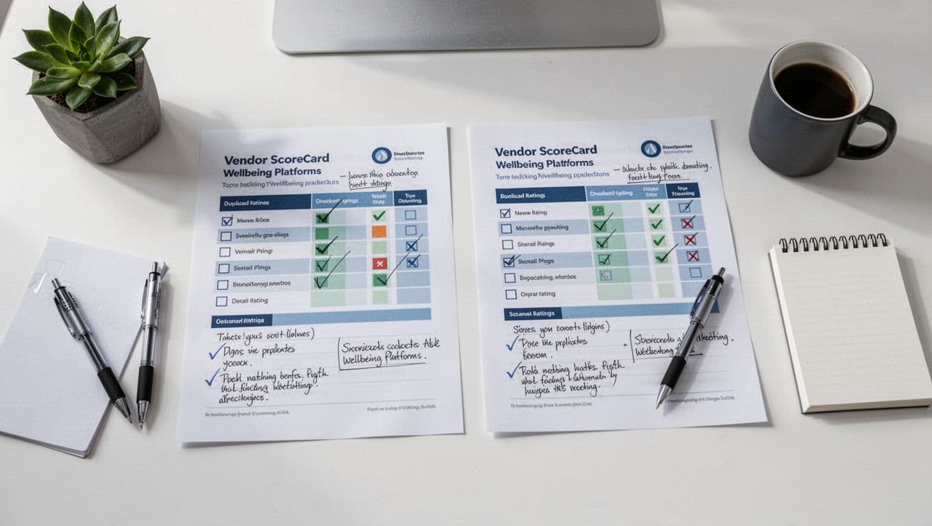 Top-down view of a clean modern office desk showing two printed vendor scorecards for wellbeing platforms side by side, with checklists, ratings, and pen-marked notes, plus a nearby coffee mug and notepad under natural daylight.