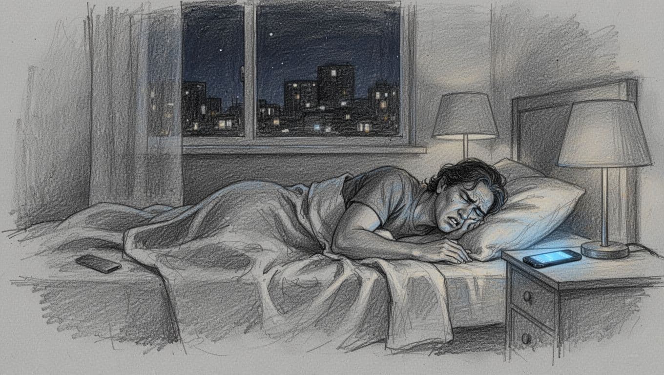 Hand-drawn sketch of a frustrated adult tossing and turning in bed at night, with a phone glowing blue light on the nightstand in a dark bedroom, highlighting screen disruption to sleep.