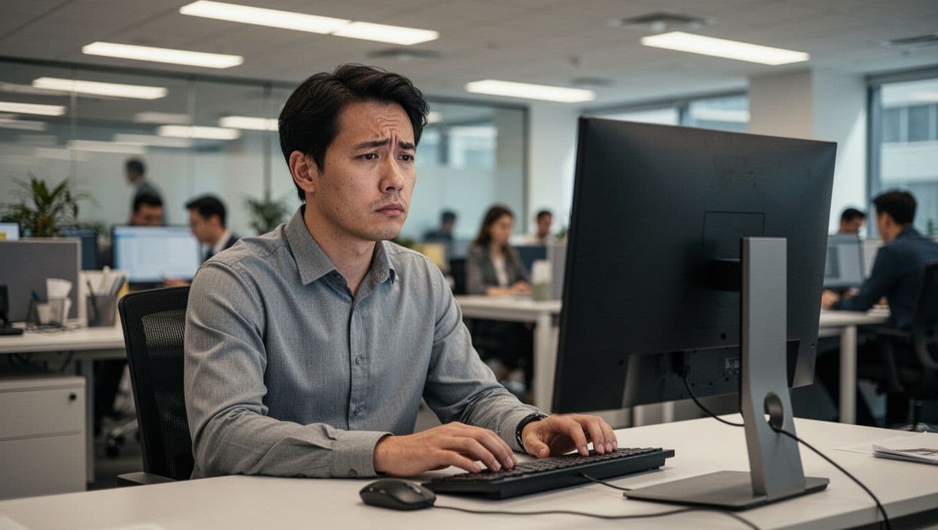 Trabajador de oficina sentado en su escritorio mirando la pantalla con expresión cansada y distraída, manos relajadas sobre el teclado, oficina abierta al fondo con colegas borrosos e iluminación tenue fluorescente.