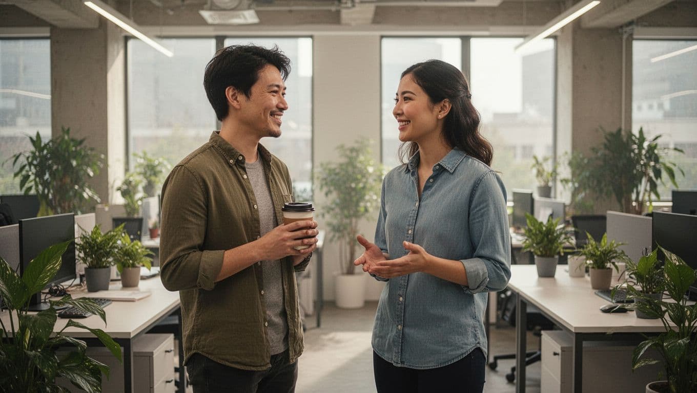 Two colleagues stand conversing casually in a modern open office with soft natural light, light smiles, one holding a coffee cup, realistic photographic style.