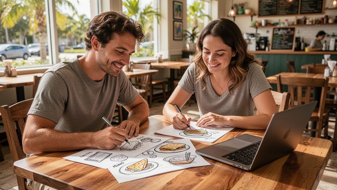 Cómo empezar un restaurante en Florida (sin perder el sueño en el intento) 1 A small team of two people sits at a wooden table in a sunny Florida cafe, sketching menu ideas and food drawings on paper with relaxed expressions. A laptop is open nearby as a prop, bathed in warm natural light.