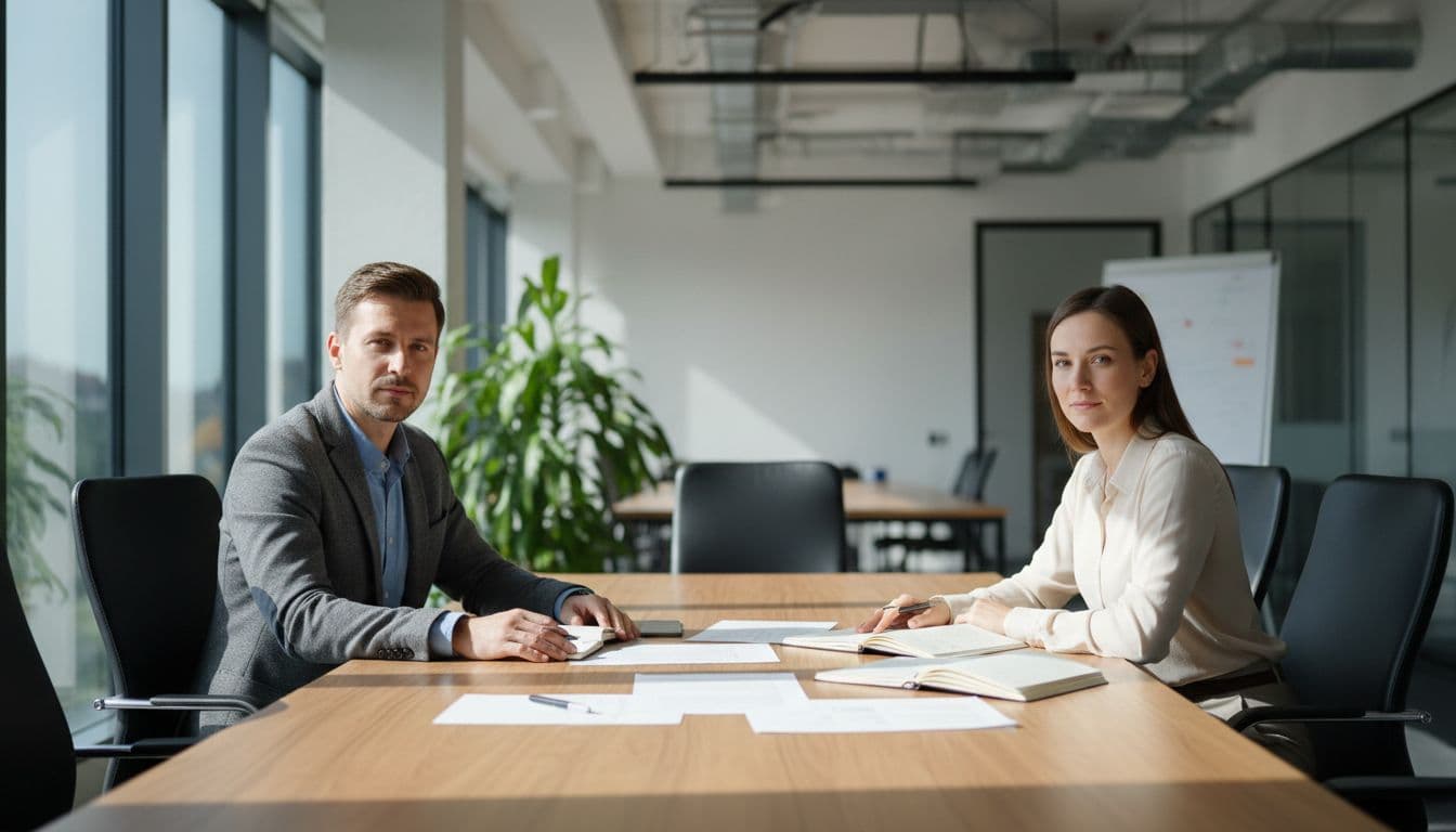 Two professionals sit facing each other at a table with notes, calmly debriefing after an event in a naturally lit office setting.