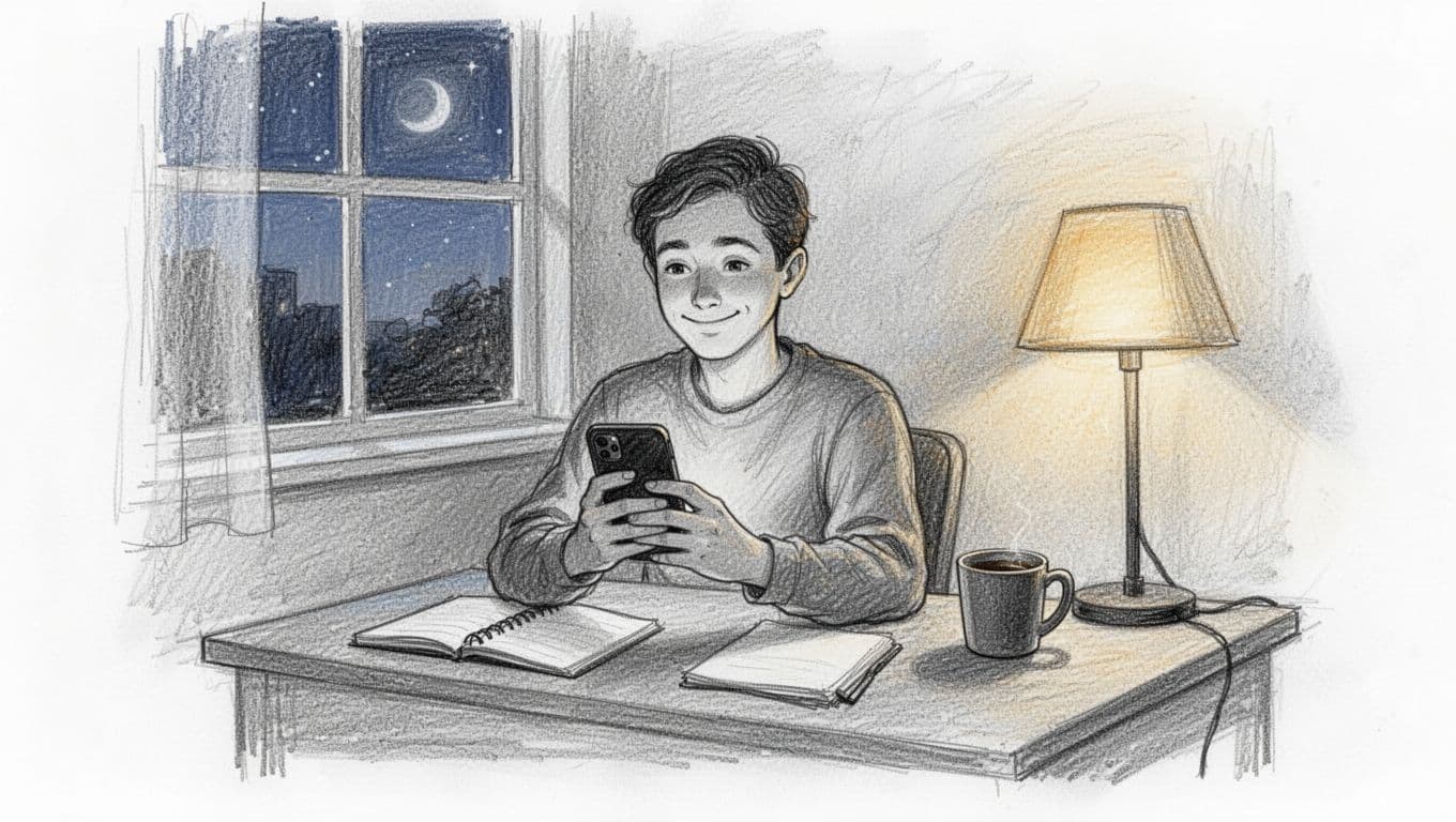 Hand-drawn graphite sketch of a person sitting relaxed at a home desk in evening light, holding a smartphone with two hands to view streak calendar and progress icons, with a subtle smile, notebook and coffee mug nearby.