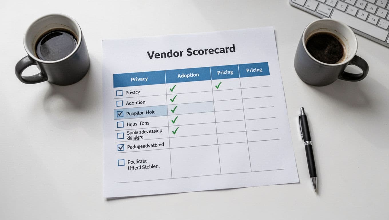 Top-down view of a simple vendor scorecard paper on a desk with checklist columns for criteria like privacy, adoption, and pricing, surrounded by a coffee mug and pen in a clean realistic style under bright office lighting.