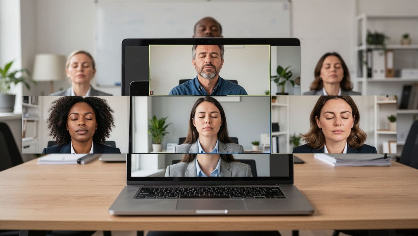 A small group of 3-4 professionals in a virtual meeting via laptop takes a collective breathing pause led by one, all with eyes closed and calm expressions, shown in wide split-screen composition from home office or conference setups, photorealistic style.