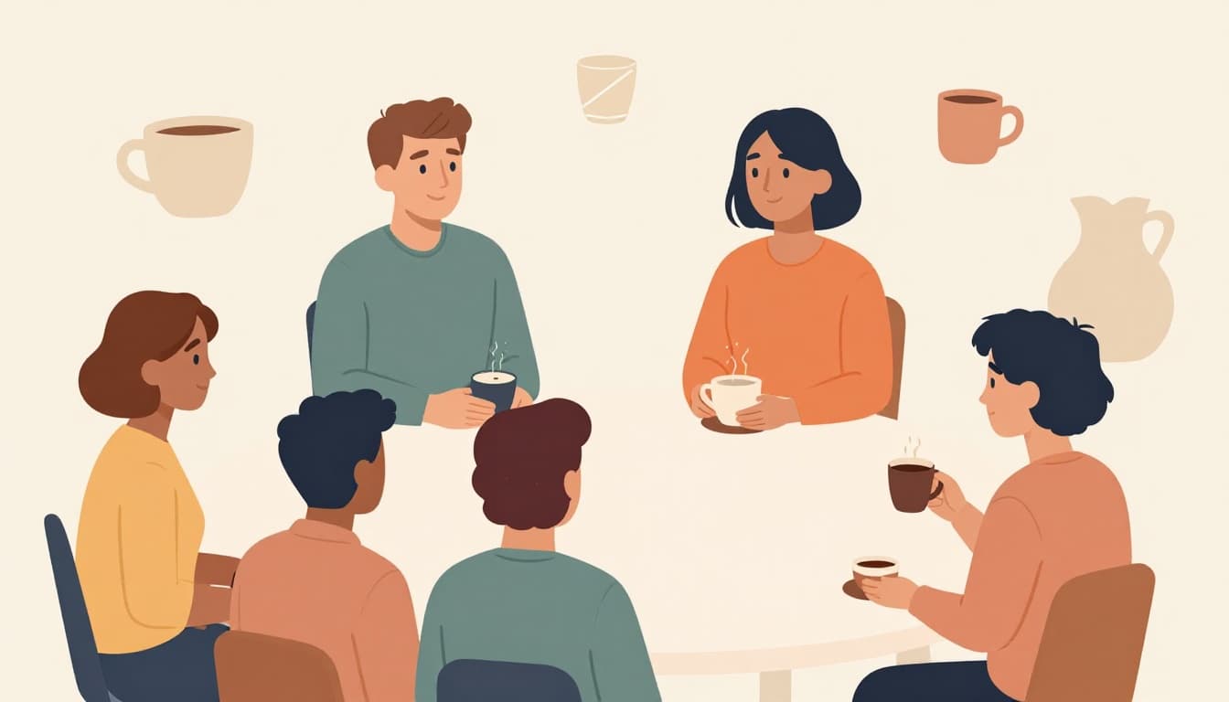 Clean modern illustration of a team on a virtual coffee pause, featuring exactly six relaxed faces chatting on a split screen with floating coffee cup icons, neutral background, soft colors, balanced composition, no text or logos.