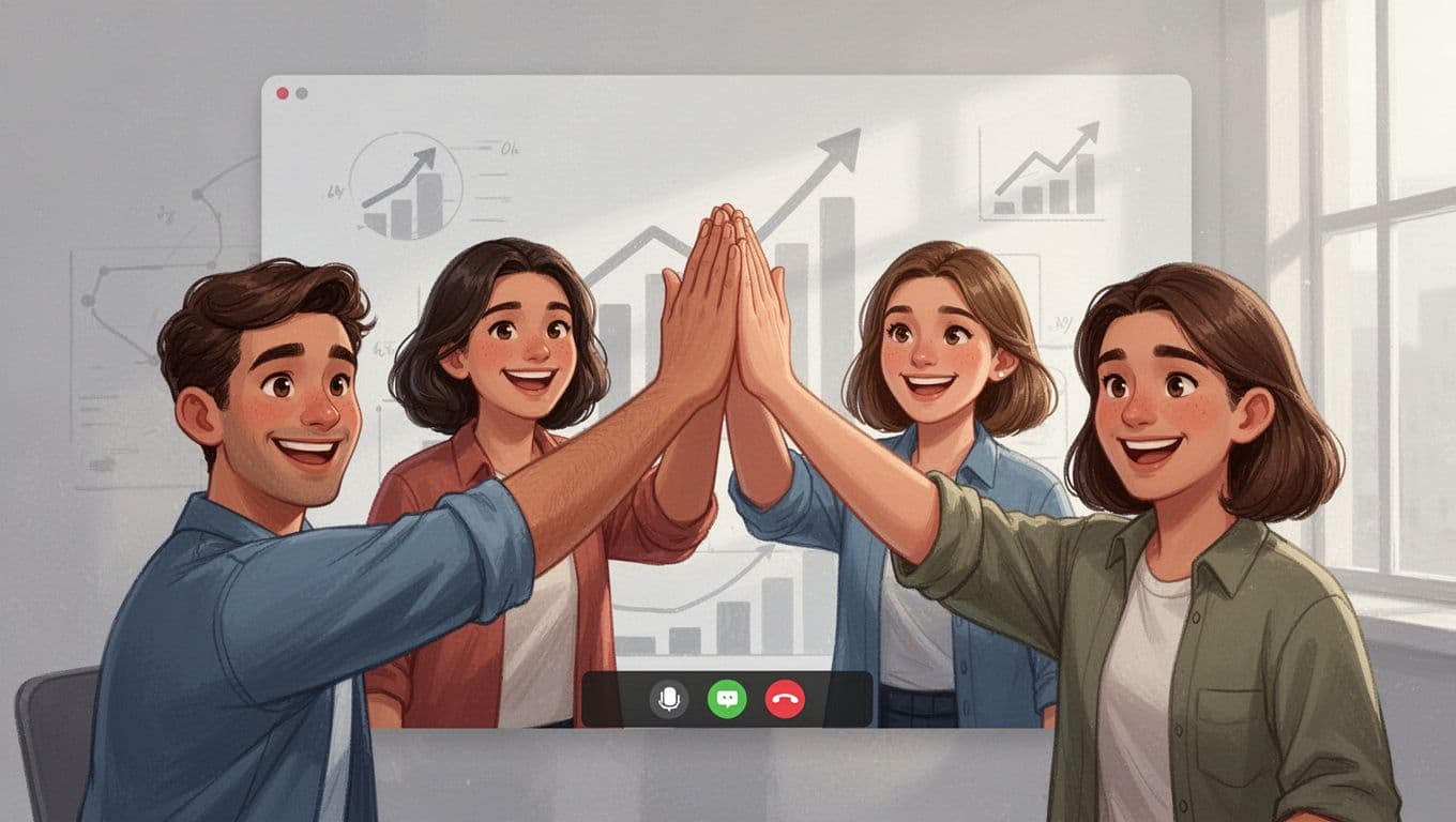 Four team members on a video call celebrating a small achievement with genuine smiles and virtual high fives, simple progress graph background, vibrant clean illustration.
