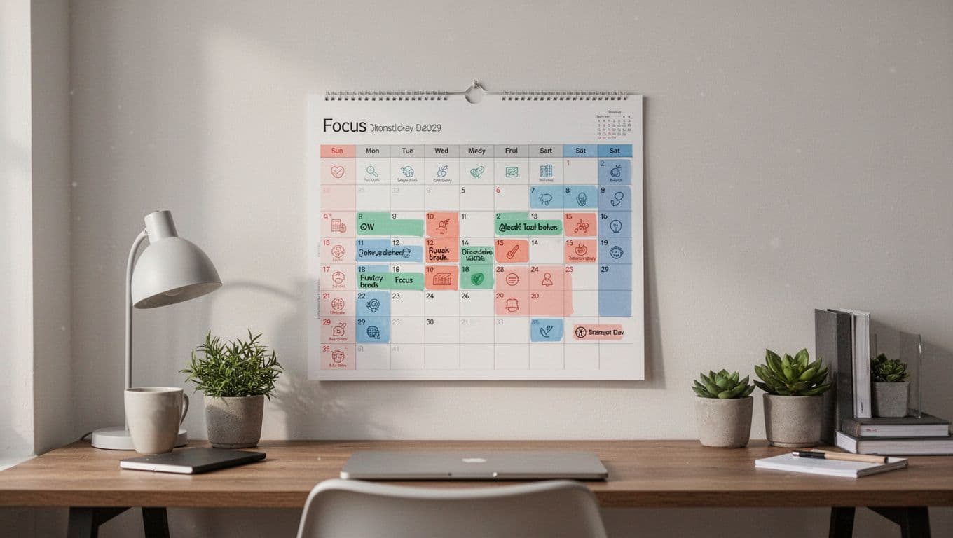 Photorealistic calendar on a wall with blocked time slots for focus sessions and breaks, in a simple home office background with soft lighting, clean landscape composition, no people or text except subtle icons.