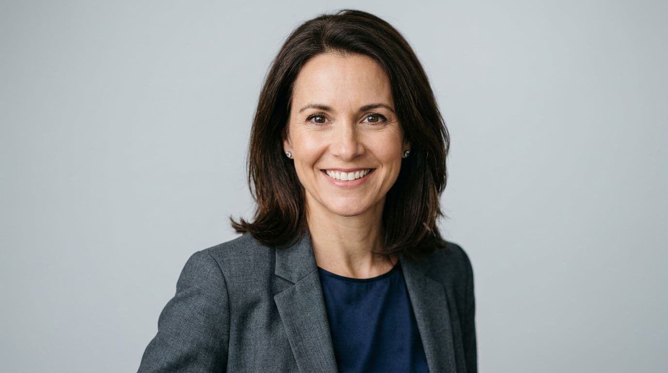 Headshot of a professional female business owner in her 40s featuring a warm approachable smile and direct gaze, set against a soft gray studio background with shoulders visible.