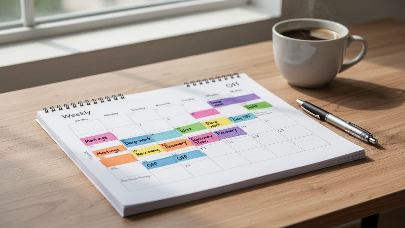 Close-up of a simple weekly planner calendar on a wooden desk, marked with colored blocks for meetings, deep work, recovery time, and days off, with a pen nearby and coffee cup in soft-focus background under bright natural daylight.