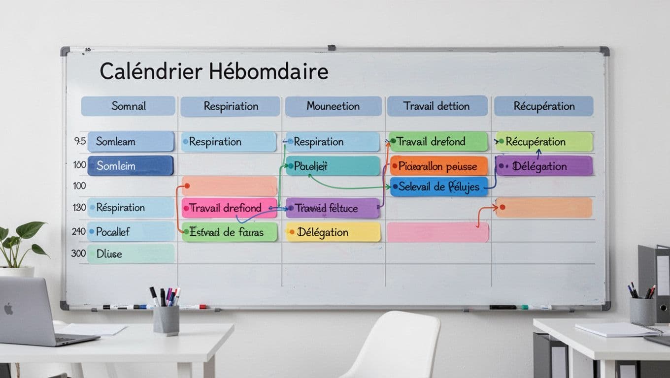 Clean vector illustration of a simplified weekly calendar on a whiteboard with time blocks for sleep, breathing, deep work, and recovery, using colored markers for breaks and delegations. Minimalist modern office background, horizontal layout showing the full week with abstract blocks, no people or readable text.