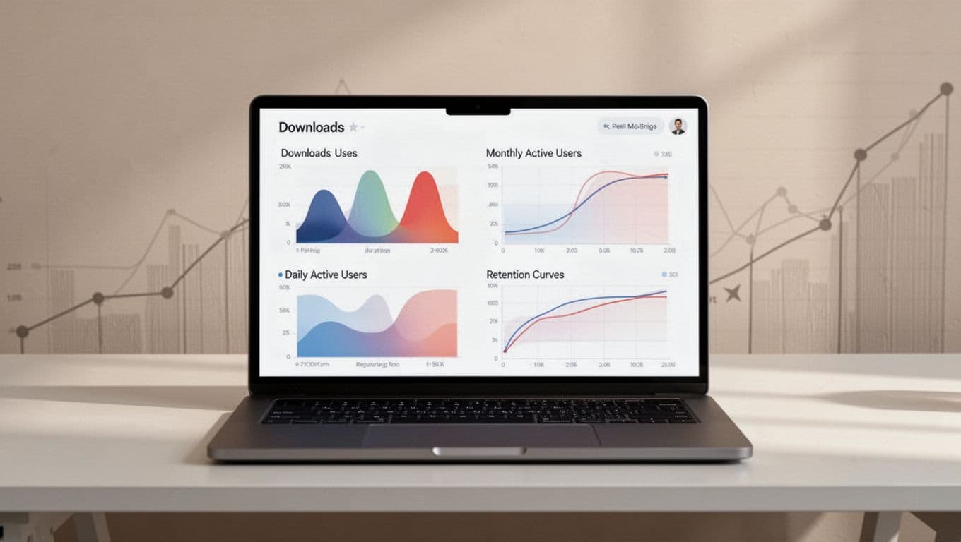Clean laptop dashboard displaying charts for app downloads, DAU, MAU, and retention curves on a neutral background.