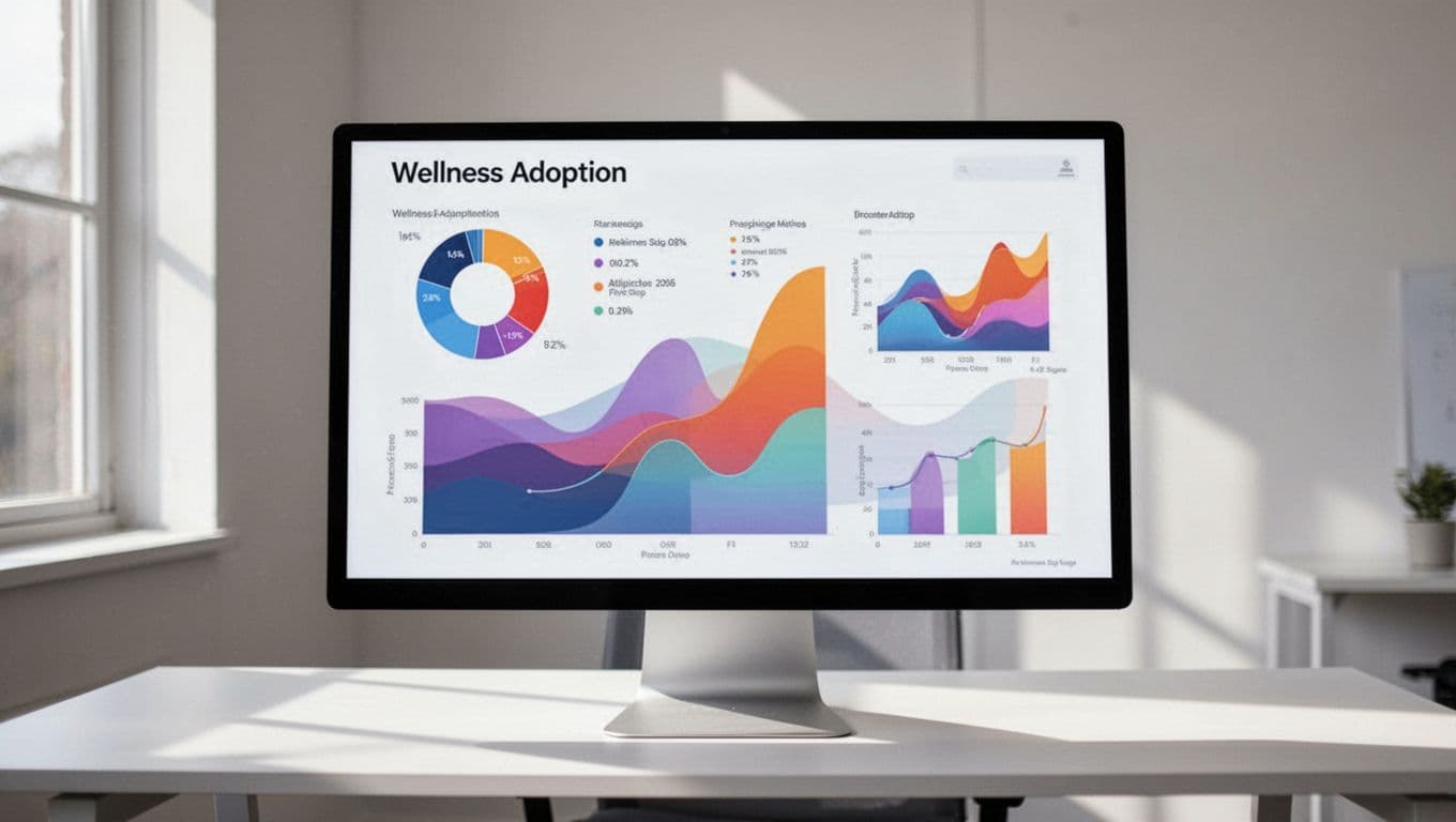 Dashboard screen on a clean computer monitor in a modern office displaying wellbeing app metrics including DAU, MAU, retention curves, and churn rate in a simple data visualization style with natural lighting.
