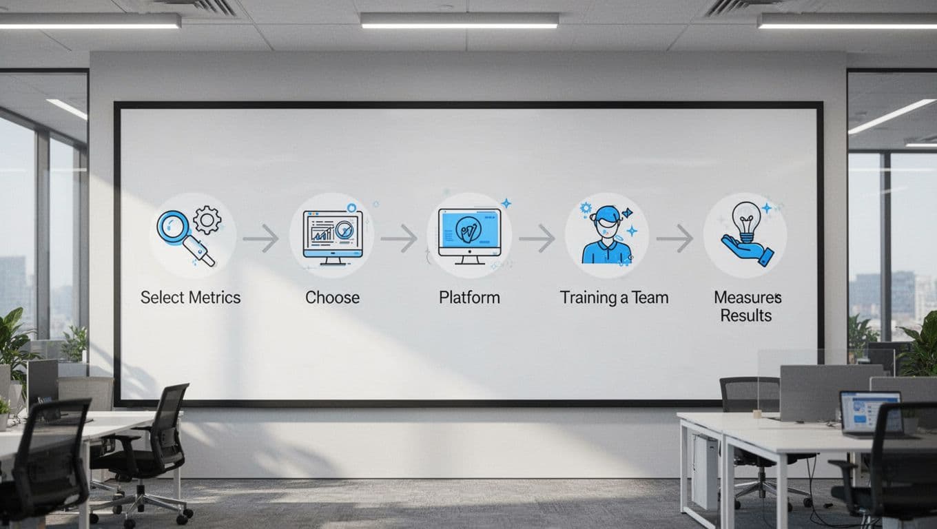 Simple flowchart with step-by-step icons on a digital board illustrating building a wellbeing dashboard: select metrics, choose platform, train team, measure results. Clean infographic style in office background, landscape orientation, bright professional lighting, no people, no text labels.