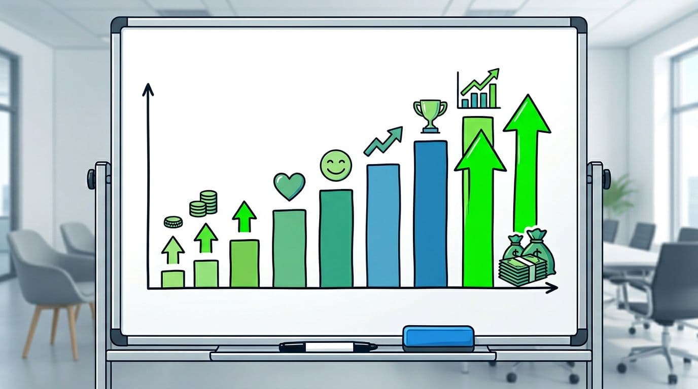 Simple bar chart on a whiteboard illustrating ROI growth from low-cost wellbeing investments, with upward arrows pointing from left to right. Clean office meeting room background with bright lighting in an illustrative infographic style.