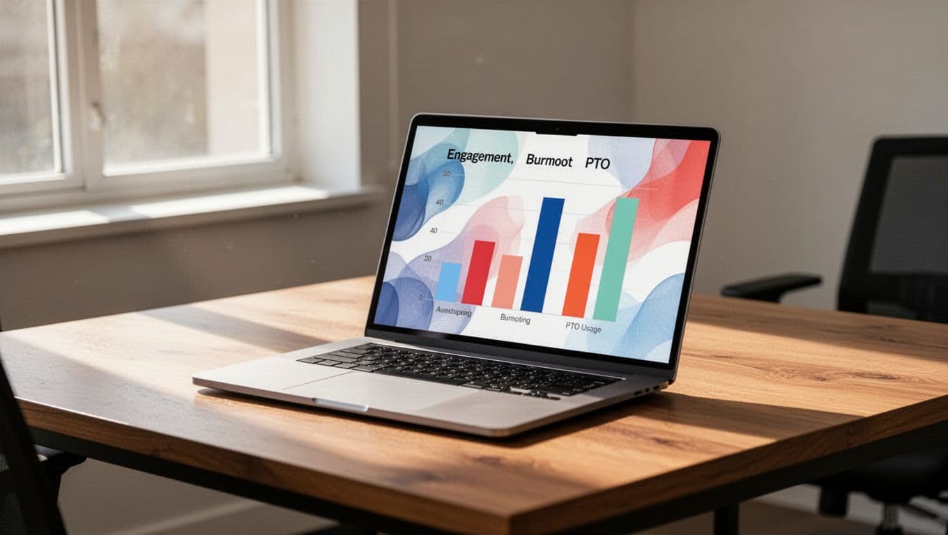 Modern laptop on a wooden office desk displaying a wellbeing KPI dashboard with bar charts for engagement score at 75%, burnout rate at 15%, and PTO usage at 90%. Natural daylight from window, minimal clean professional composition with no people or extra objects.