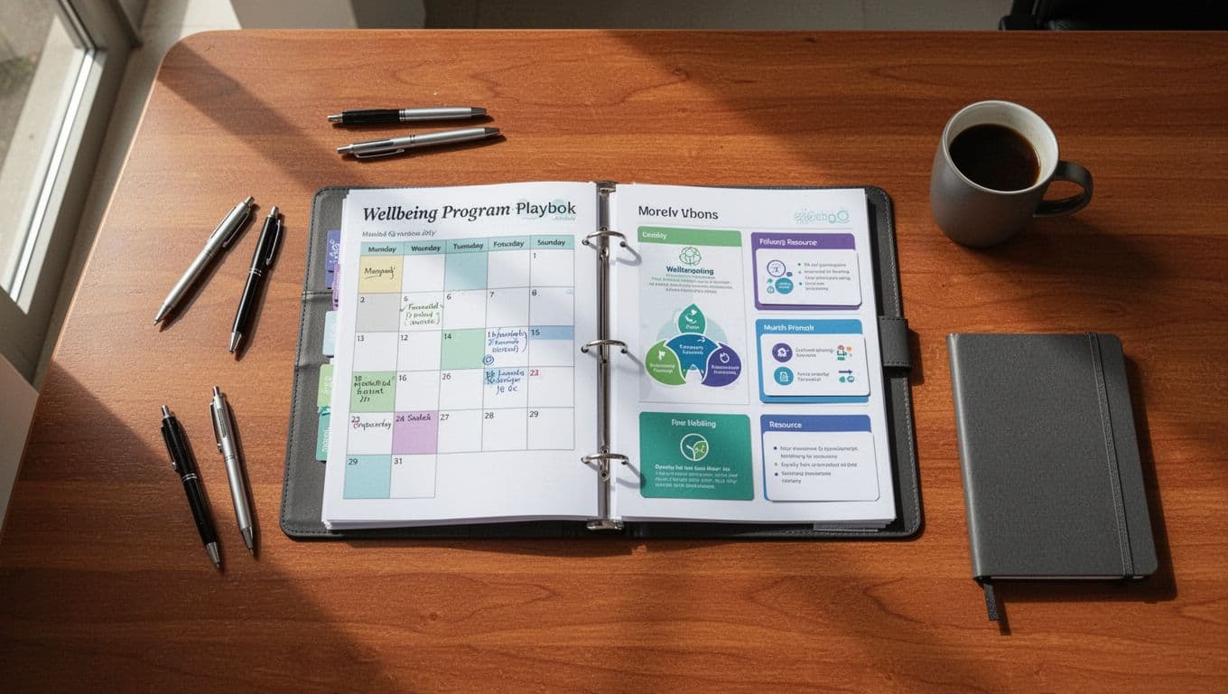 Top-down view of an open wellbeing program playbook binder on a wooden office desk, displaying monthly calendar page checklists and resource cards, surrounded by pens, coffee mug, and notebook in natural daylight.