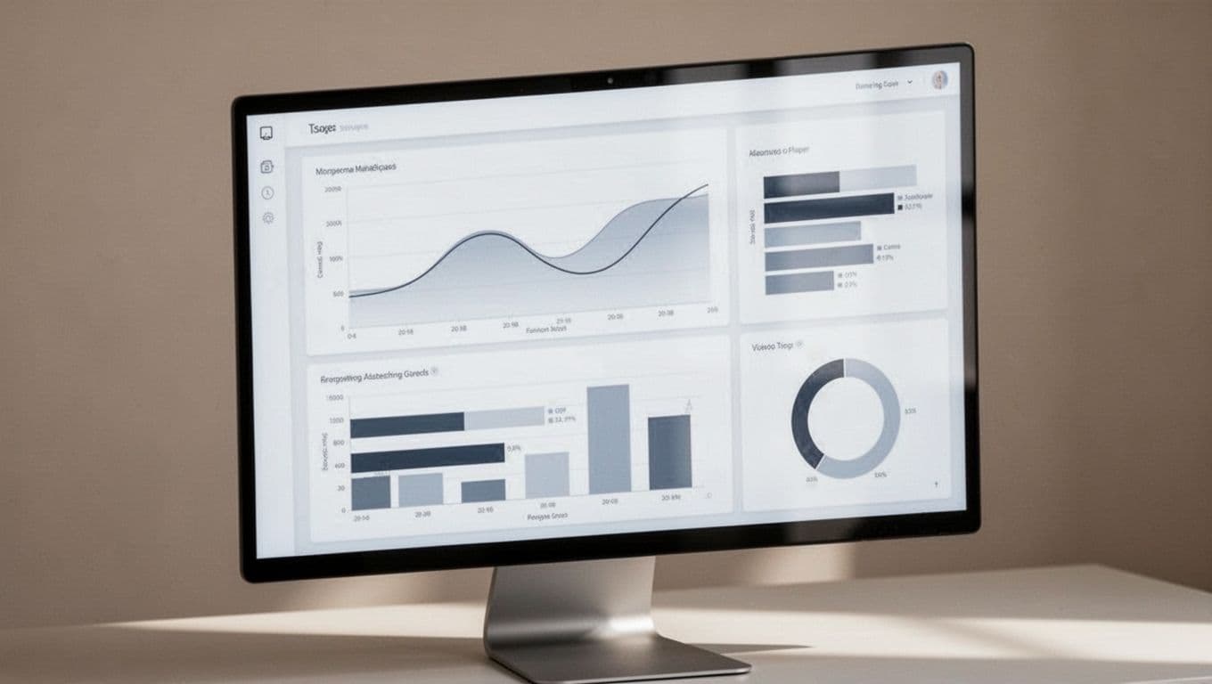 Dashboard moderno en pantalla de computadora que muestra métricas esenciales como DAU, MAU, curvas de retención y tasa de churn para una aplicación de bienestar, con gráficos simples y estilo profesional limpio.