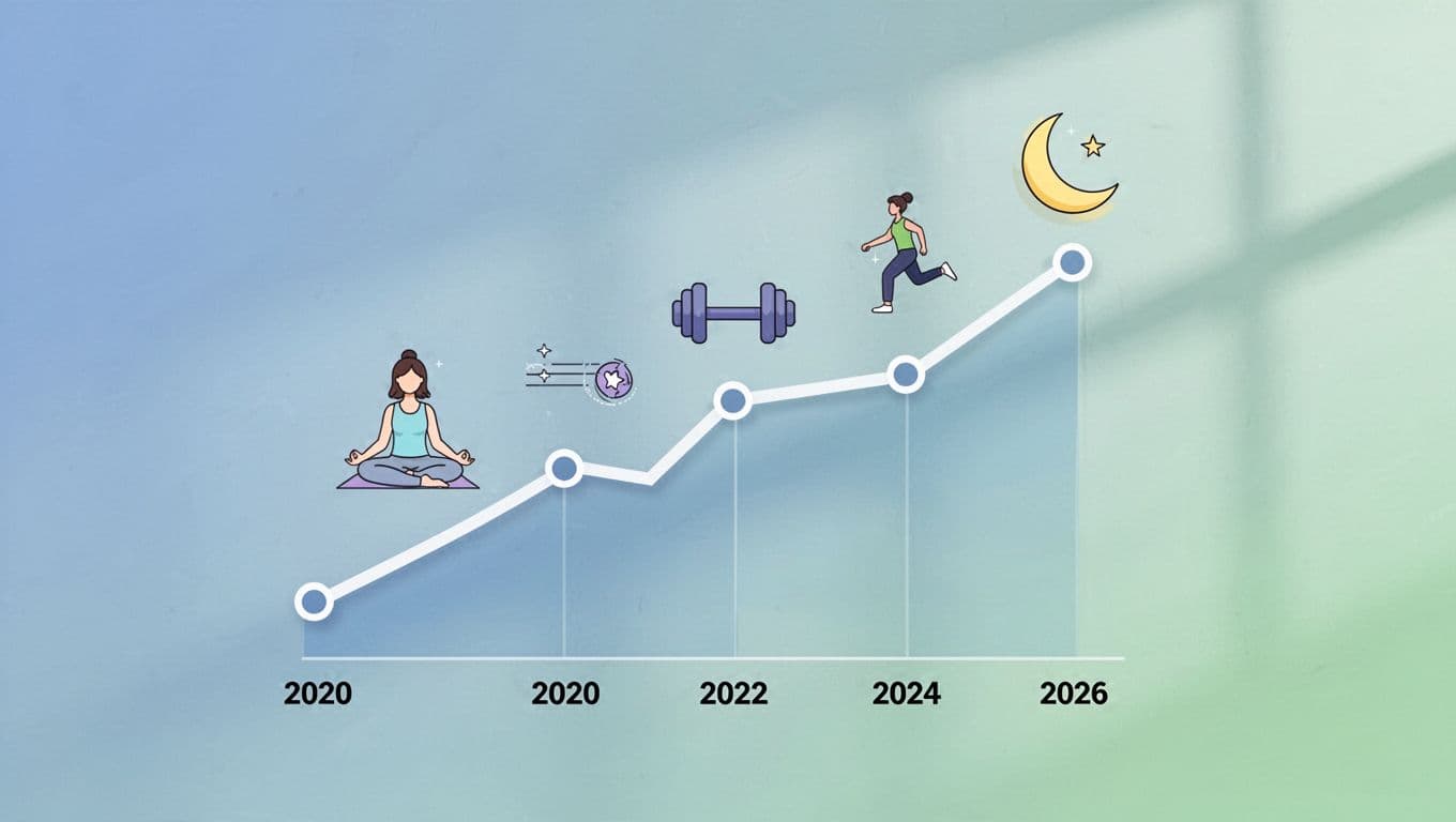 Infografía vectorial limpia que muestra el crecimiento del mercado de apps de bienestar de 2020 a 2026, con línea de tendencia ascendente e iconos de meditación, fitness y sueño en colores azul y verde.
