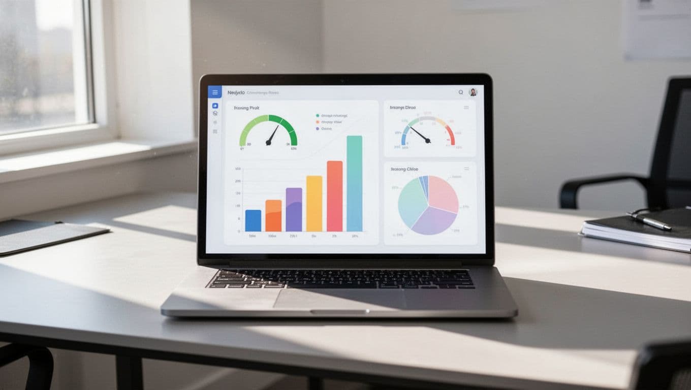 A clean digital dashboard on a centered laptop in a modern office desk displays key employee wellness metrics: absenteeism rate bar graph, green eNPS gauge, and stress levels pie chart, with bright natural lighting and professional style.