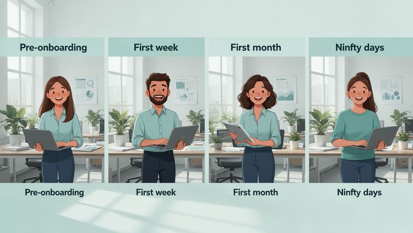 Minimalist horizontal timeline illustrating employee wellness onboarding stages: pre-onboarding, week 1, month 1, and 90 days, with happy employees in a clean office using calming blue and green colors.