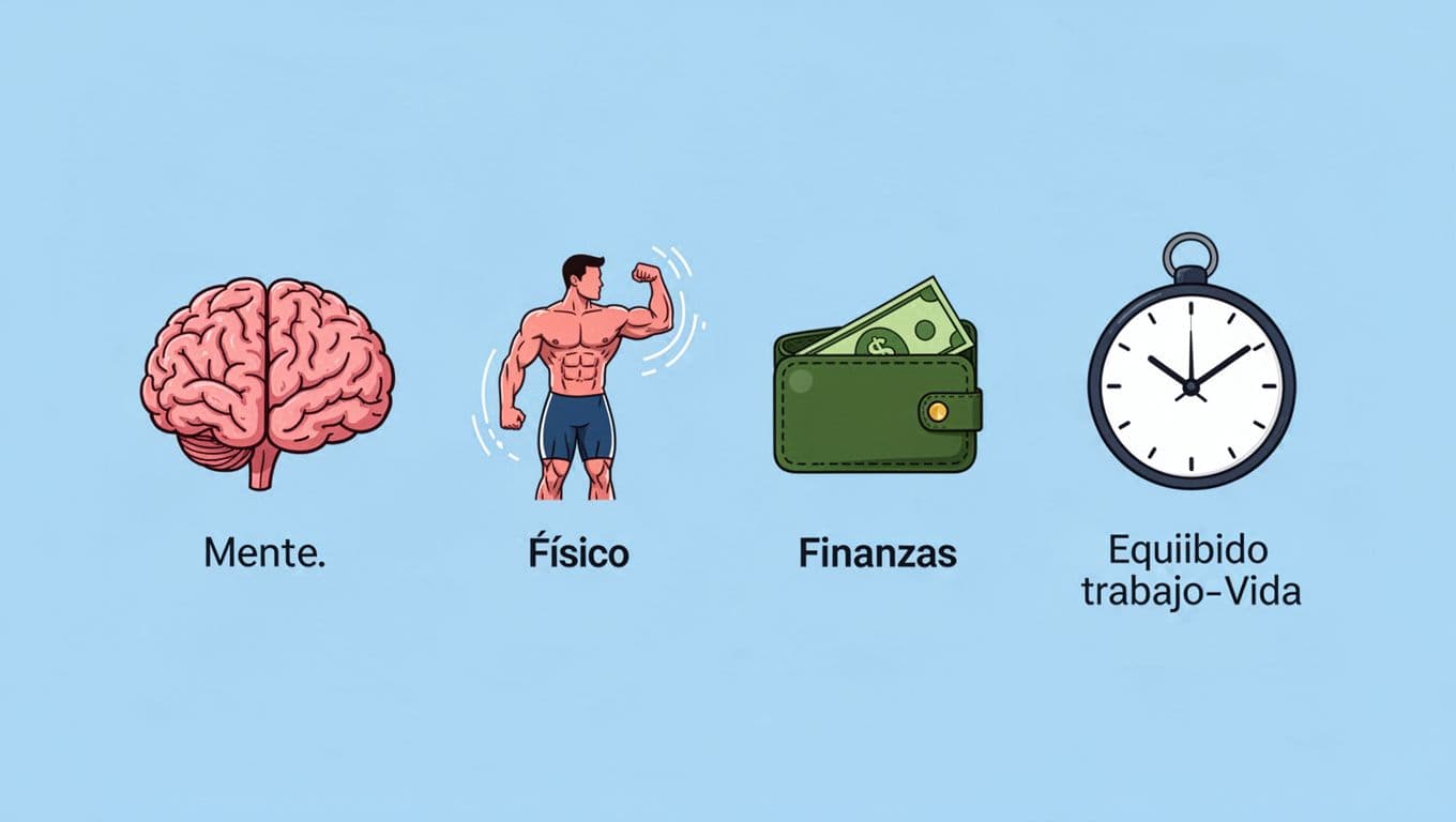 Symbolic vector icons depicting the four pillars of well-being: brain for mental health, athletic body for physical fitness, wallet for financial stability, and clock for work-life balance, arranged on a minimalist light blue background.