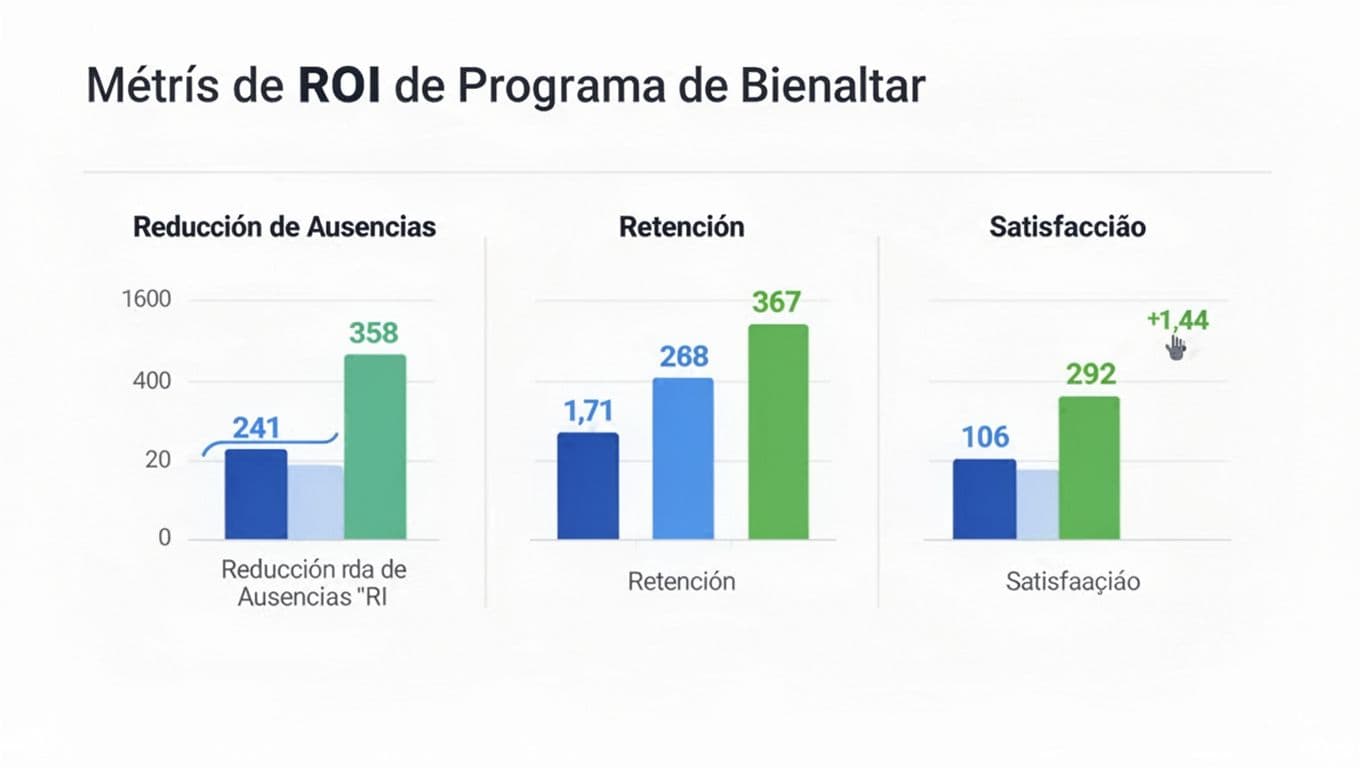 Simple dashboard graph showing ROI metrics for a wellness program with bars for absence reduction, retention, and satisfaction on a clean white background in modern minimalist infographic style using blue and green colors.