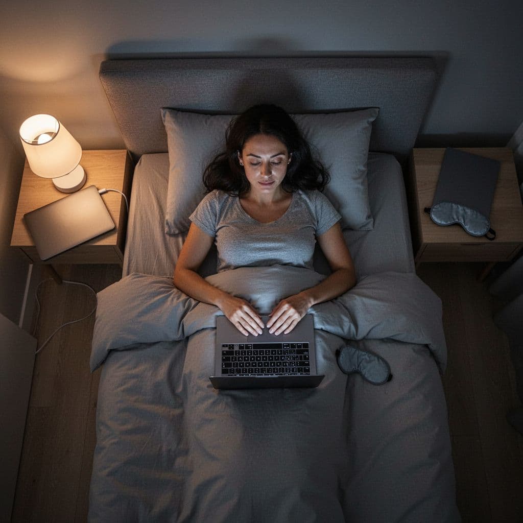 An adult woman lies relaxed in bed in a dimly lit minimalist bedroom, preparing her nighttime wind-down routine with a closed notebook and eye mask ready on the nightstand, captured from a top-down view in soft realistic style with warm low lighting.