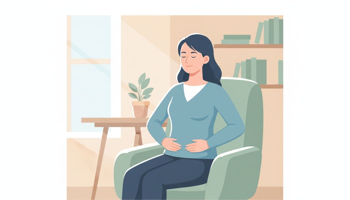 Modern illustration featuring a young professional woman in a quiet home office, eyes closed, hands gently on her belly, performing diaphragmatic breathing with a serene expression amid soft blues and greens.