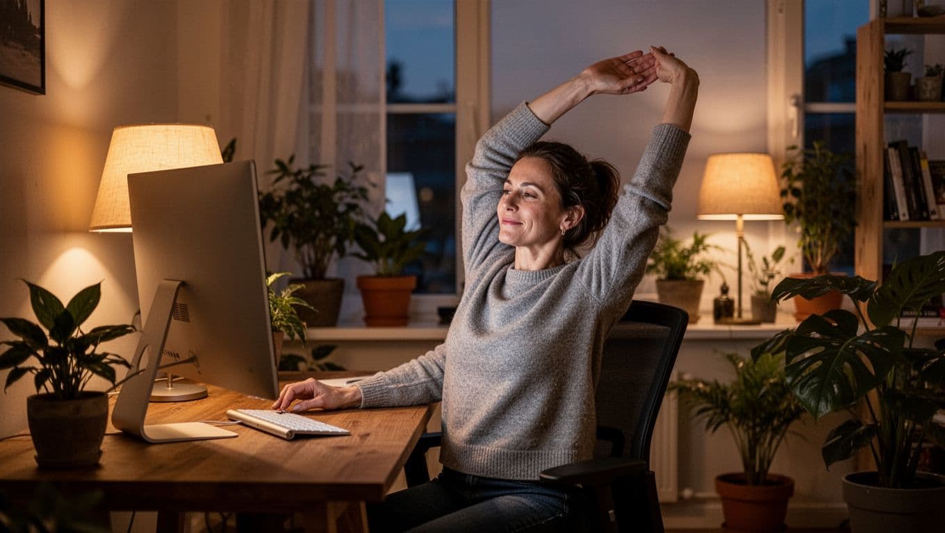 A mid-30s professional woman relaxes in her cozy home office at evening, turning off her computer screen and stretching with hands relaxed under warm lamp light, plants nearby, realistic style.