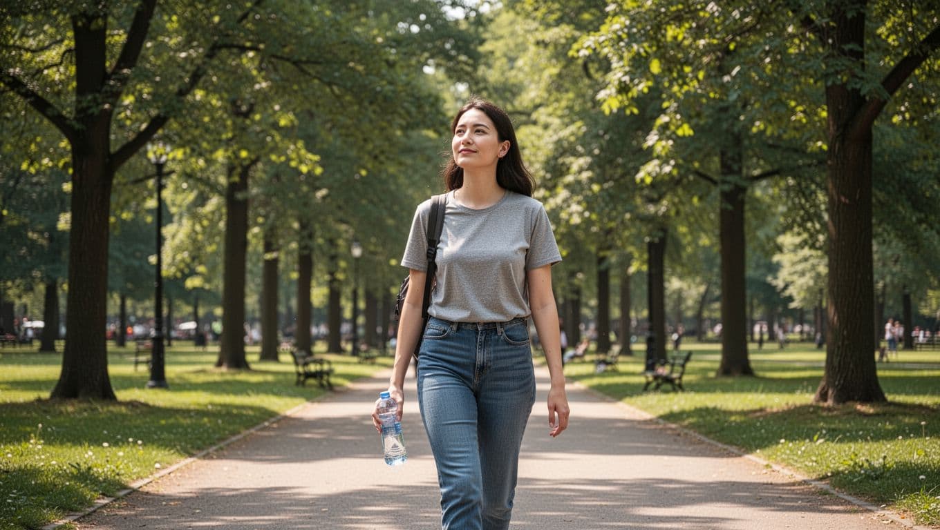 A woman walks alone on a tree-lined path in an urban park during a work break, with a relaxed and thoughtful expression while carrying a water bottle in mid-morning sunlight.