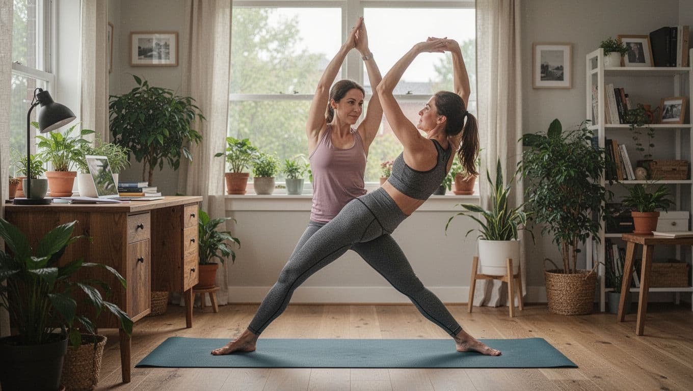 A mid-30s woman performs a balanced yoga stretch at her home desk in a cozy office with plants, natural window light, and serene expression on a yoga mat.