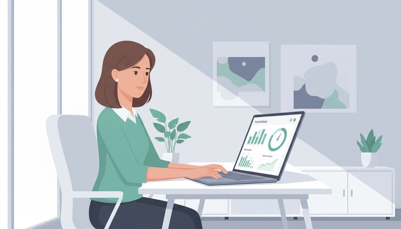 Illustration of an employee in a corporate office reviewing simple graphs on a laptop dashboard tracking productivity, wellbeing, and work stress metrics.