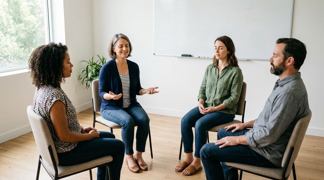 A small group of exactly four team members sits in a circle in a minimalist meeting room, engaging in a calm breathing pause with serene expressions; one guides with simple hand gestures amid natural lighting and a whiteboard background.