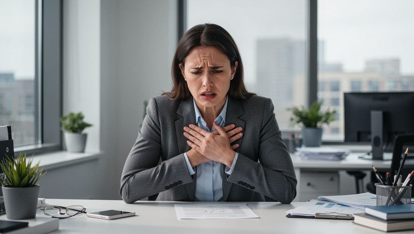 A professional at a modern office desk displays tense posture with hand on chest, furrowed brow, and tight shoulders, illuminated by soft natural window light in a realistic style.