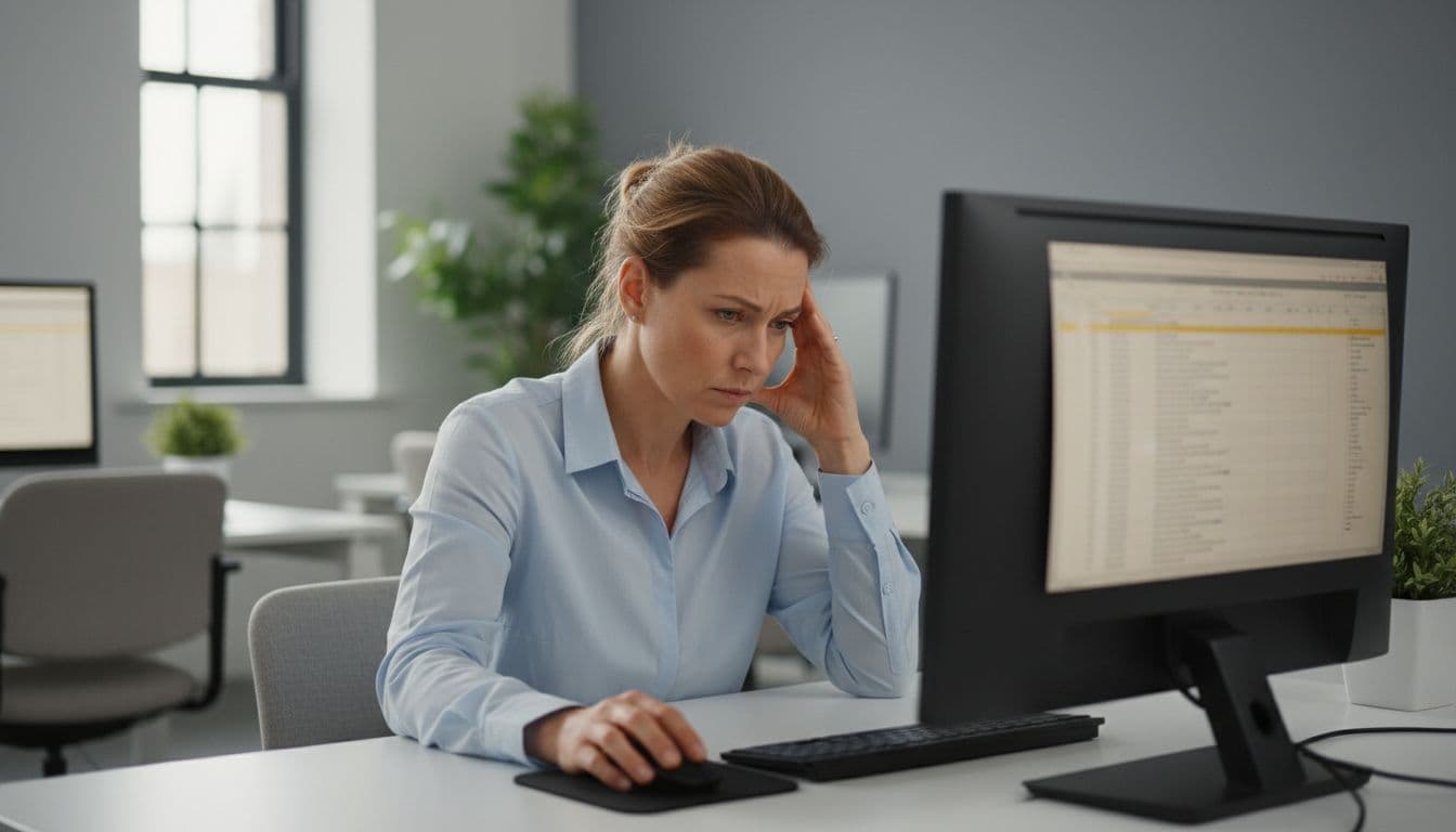 A single office worker in a modern office shows subtle anxiety signs like tense shoulders, hand rubbing temple, and furrowed brow while viewing a computer screen under natural window light.